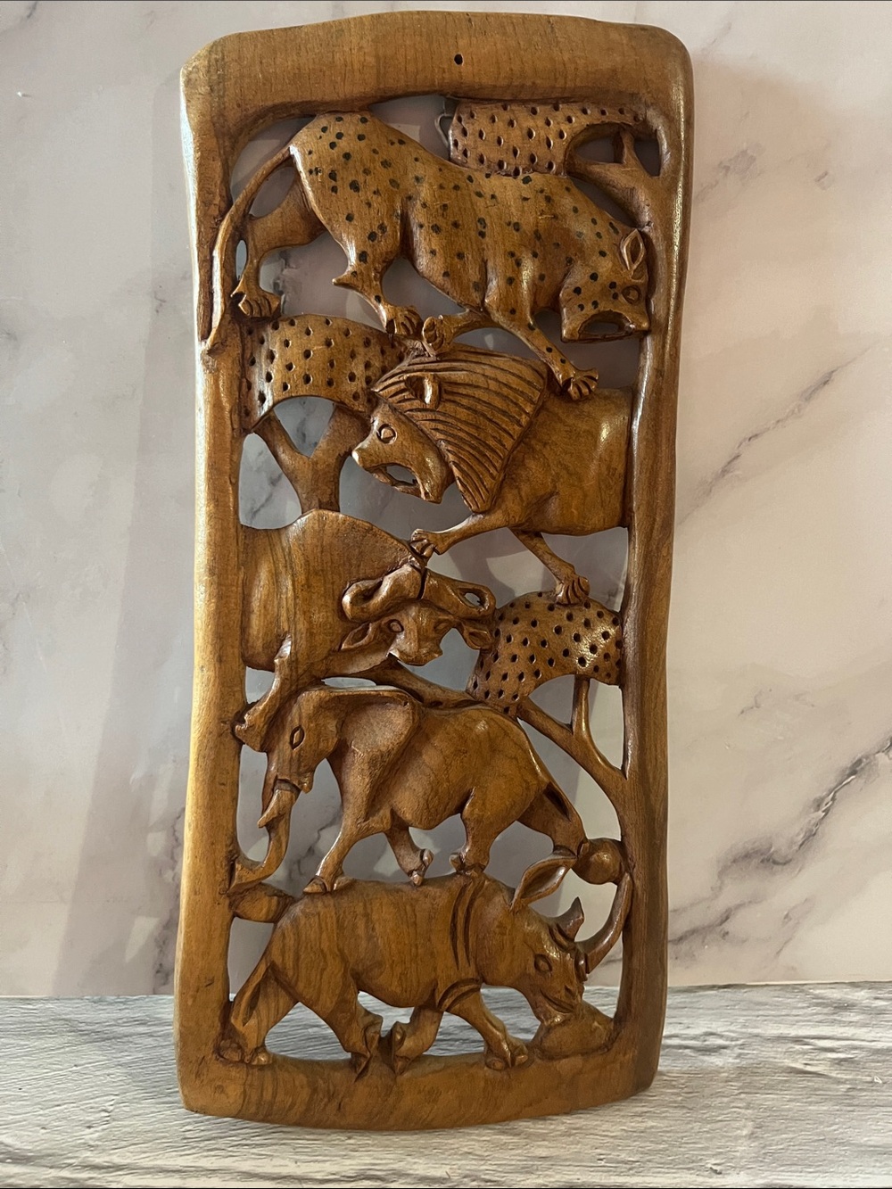 Vintage African Wood Wall Plaque Hand-carved Relief Of The "Big Five" Safari